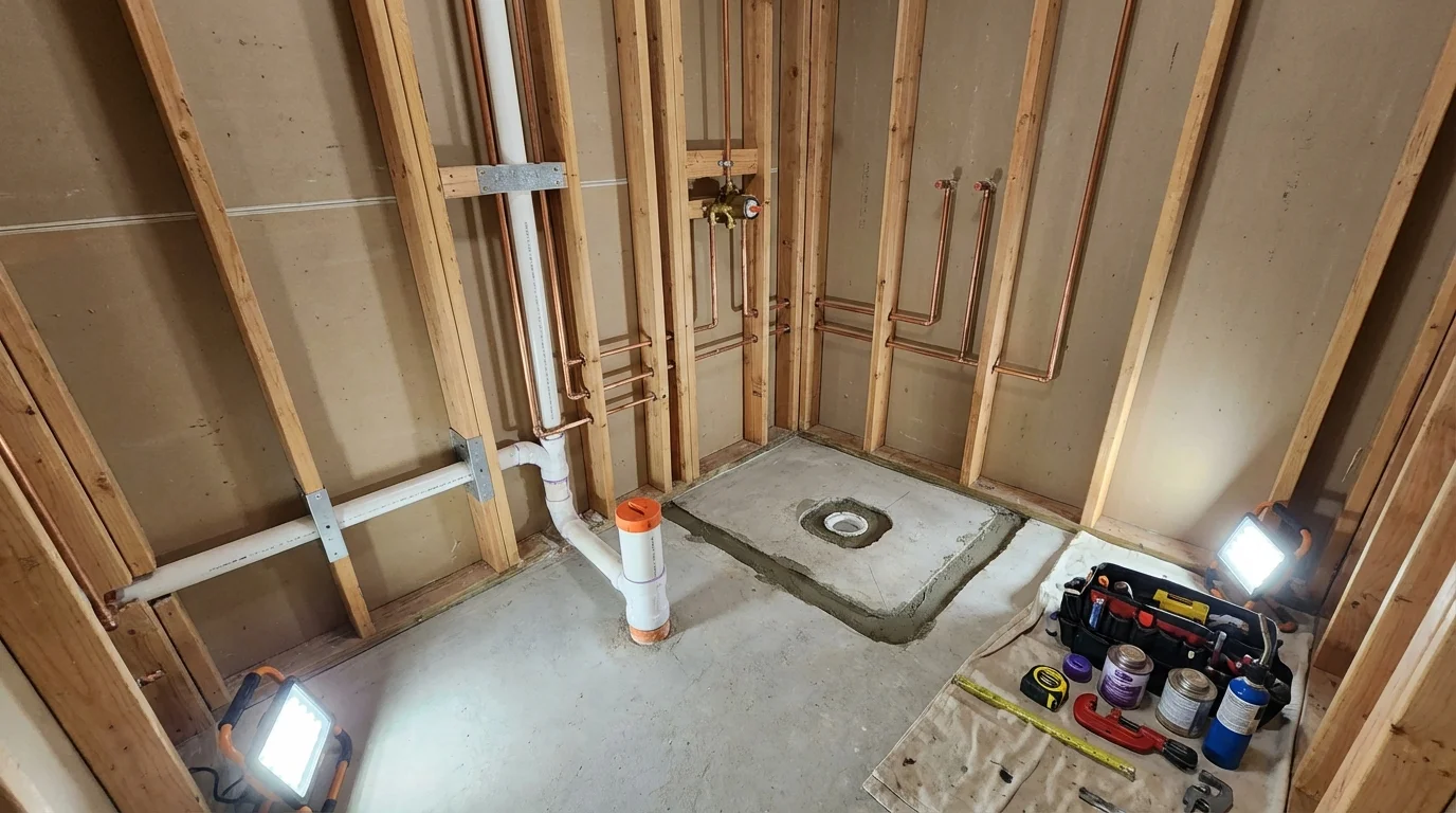 Bathroom rough-in plumbing during remodel by Johns Plumbing LLC in Mount Joy