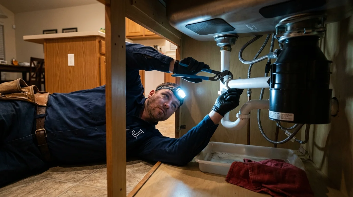 P-trap and supply line connections under a kitchen sink showing a common leak point in Mount Joy, PA